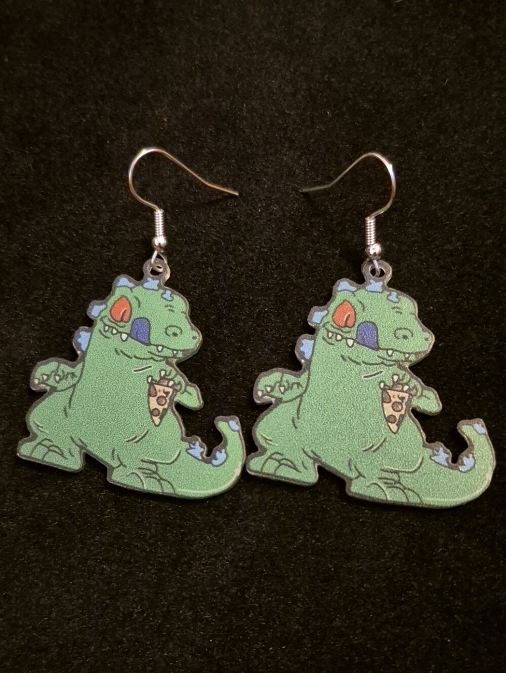 Handcrafted Nickelodeon Rugrats Reptar Cute Green Dino Pizza Slice Earrings